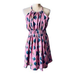 Everly Print Halter Mini Size M Gathered Waist Pink Bird Pattern Lined